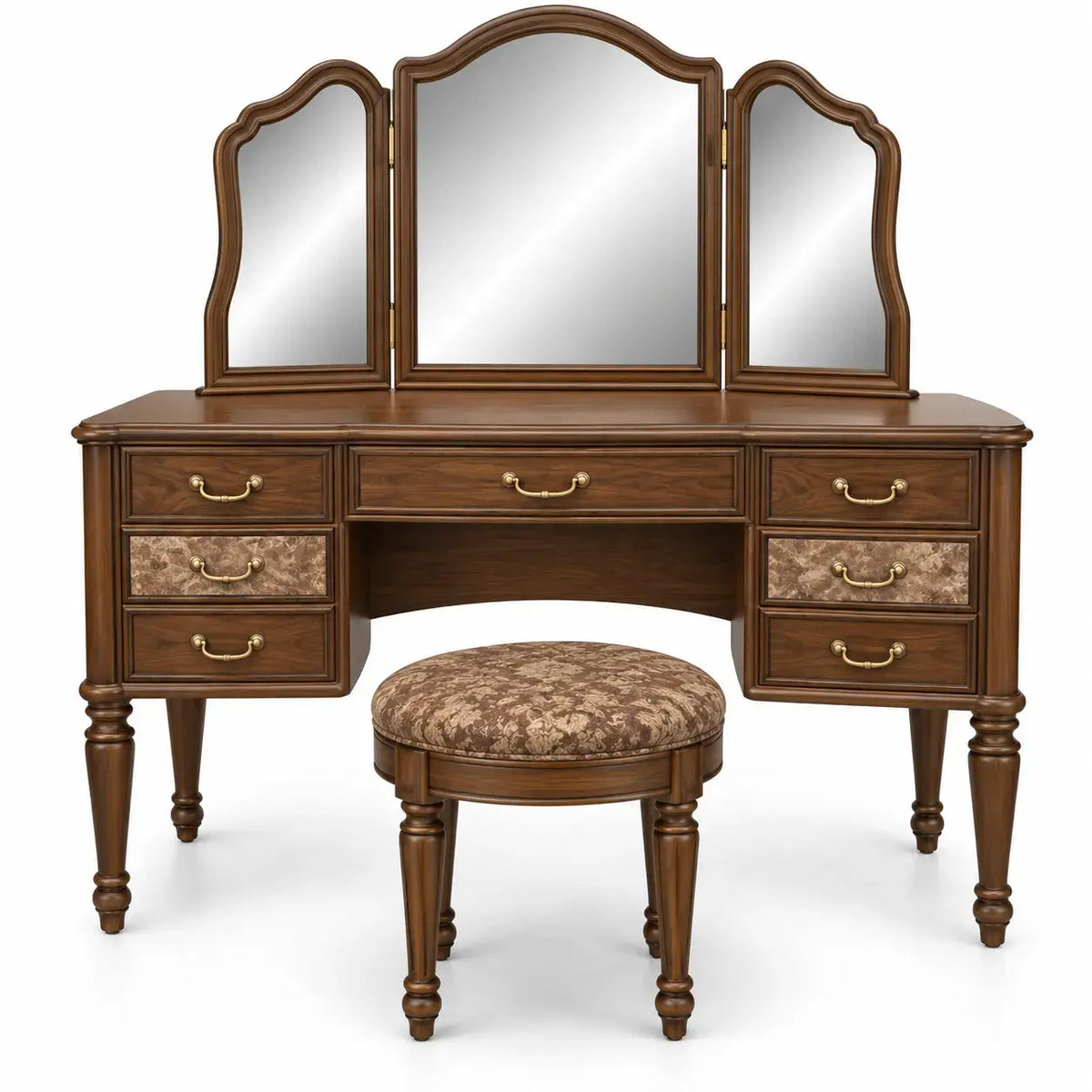 Sminkbord med tredelad spegel och dekorativ pall – brun/beige