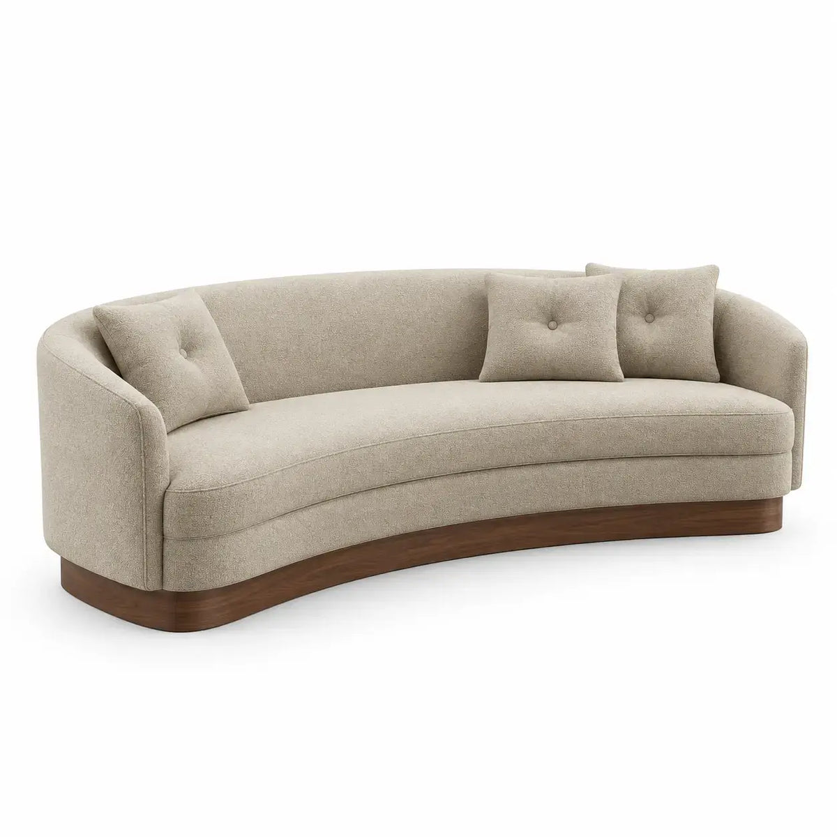 Svängd soffa med rundad rygg och kuddar – beige/brun